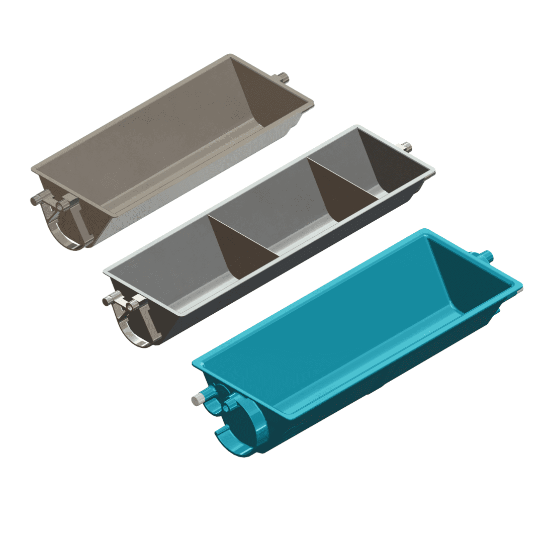 Three plastic troughs for animal feed.