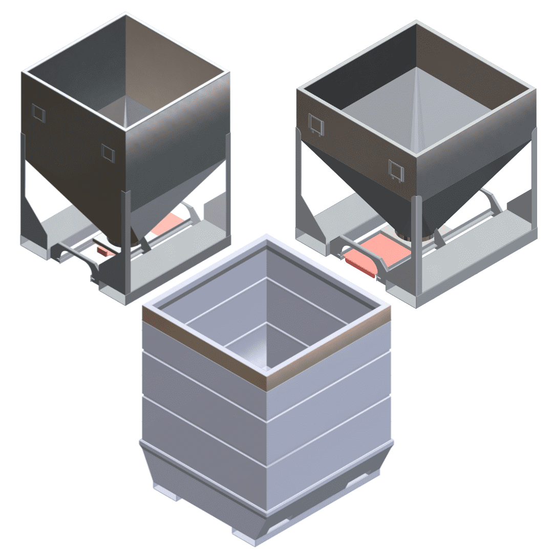 Three industrial containers for storage.