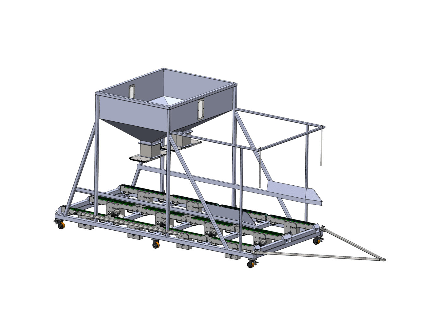 Industrial conveyor system with hopper.