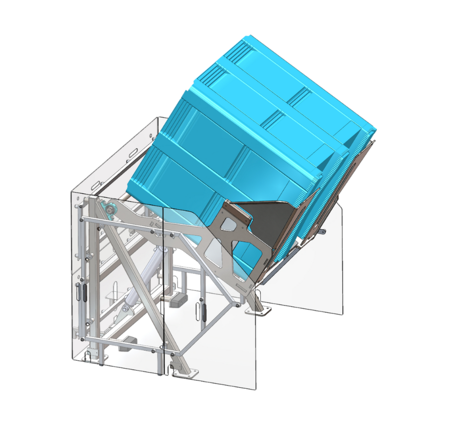 CAD rendering of a tilting bin dumper.