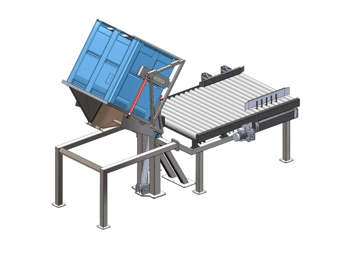 Automated crate tipper and conveyor system.