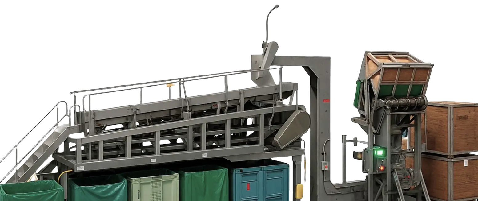 Industrial conveyor system with wooden crates.